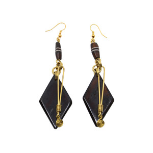 Diamond-shaped Brass & Bone Hanging Earrings - DkBrown