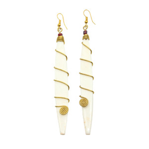 Long Bone, Bead, & Brass Earrings - White