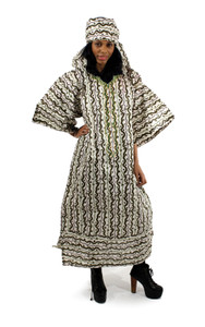 African Print Dress: Green/Brown/White