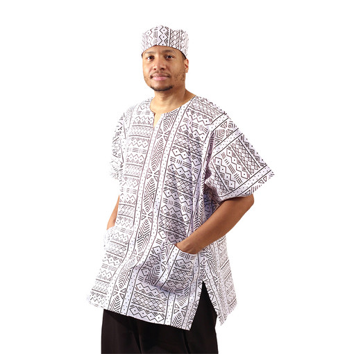 Buy White Mud Print Dashiki & Cap