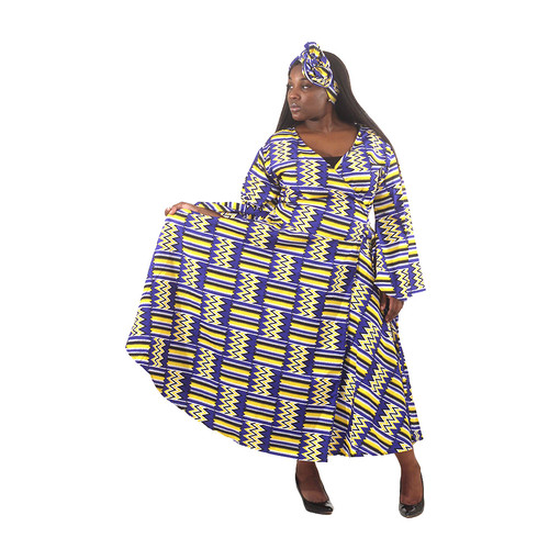 African Print Wrap Dress: Blue/Yellow