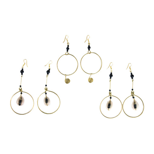 Buy Set Of 3 Brass & Bead Drop Hoop Earrings