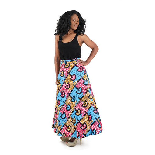 African Print Wrap Skirt - Blu/Brn/Pnk