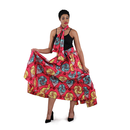 African Print Long Skirt - Pnk/Yel/Grn