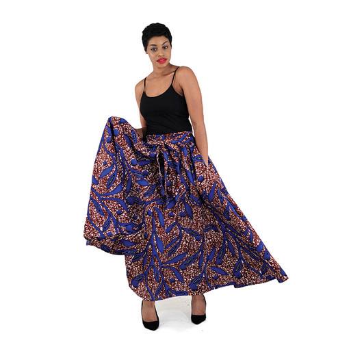 African Print Long Skirt - Blue/Brown