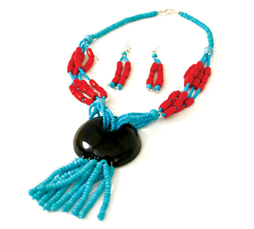 Turquoise Blue Beaded Necklace & Earring