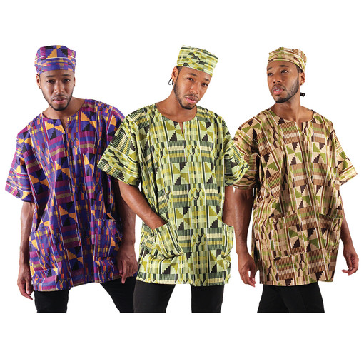 Set Of 3 Kente Print Dashikis & Cap