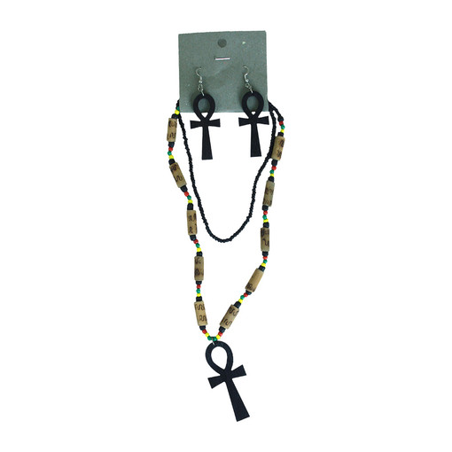 Black Ankh Rasta Beaded Necklace & Earring Set