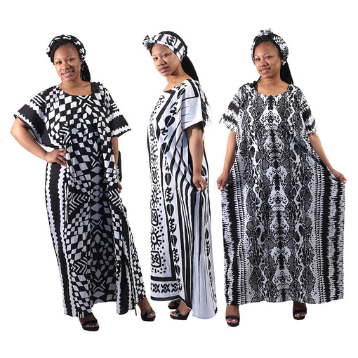 Set of 3 Black/White African Print Kaftans - ASSORTED