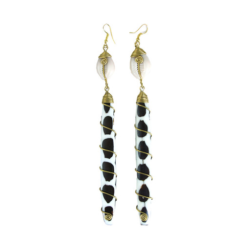 Black/White Long Bone & Brass Earring w/ Cowrie Shell