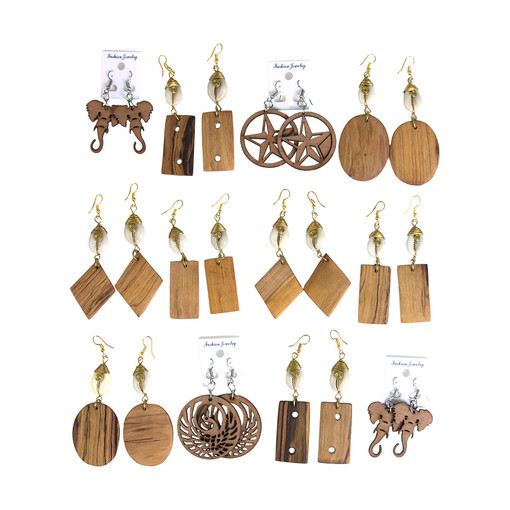 Set Of 12 Assorted Kenyan Wood Earrings