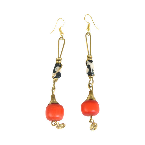 Orange Bead Bone & Brass Earrings