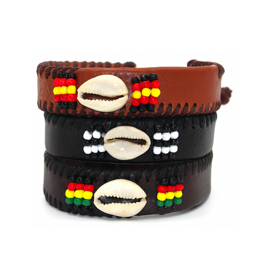 Set of 3 Beaded Leather Cowrie Shell Bracelets - ASSORTED