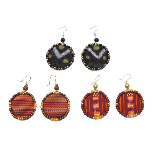 Set of 3 Handmade Beaded Mud Cloth Earrings - Set C
