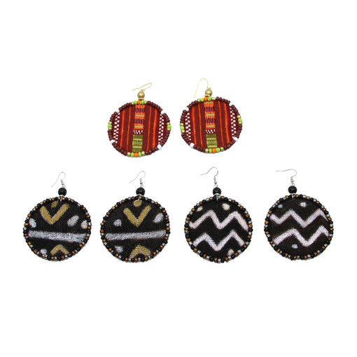Set of 3 Large Handmade Beaded Mud Cloth Earrings - Set C
