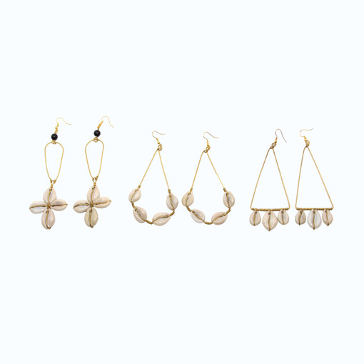 Set of 3 Hanging Cowrie & Brass Earrings - ASSORTED