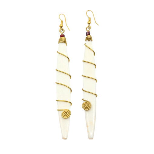 Long Bone, Bead, & Brass Earrings - White