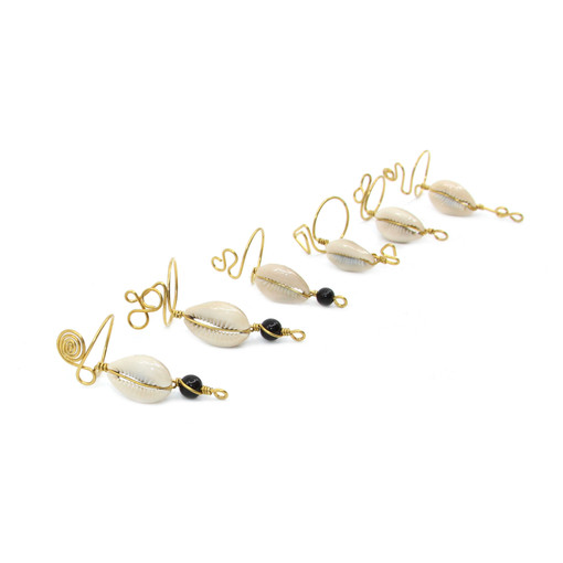Set of 6 Kenyan Brass, Bead, and Cowrie Rings - ASSORTED