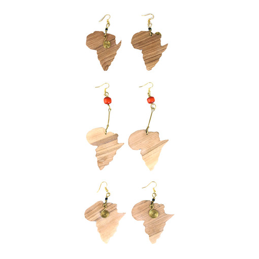 Set Of 3 Wood & Bead Africa Map Earrings