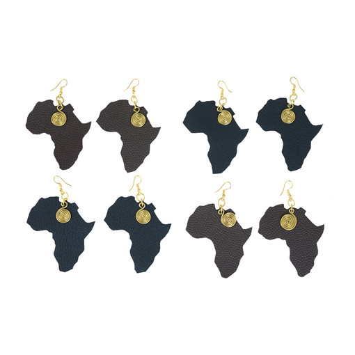 Set Of 4 Leather & Brass Africa Earrings
