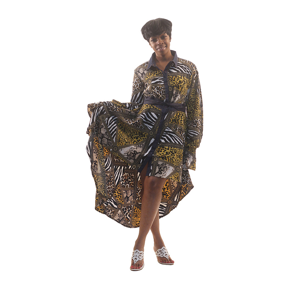 Hi-Lo Button/Belt Dress - Women's Dresses-African Fashion