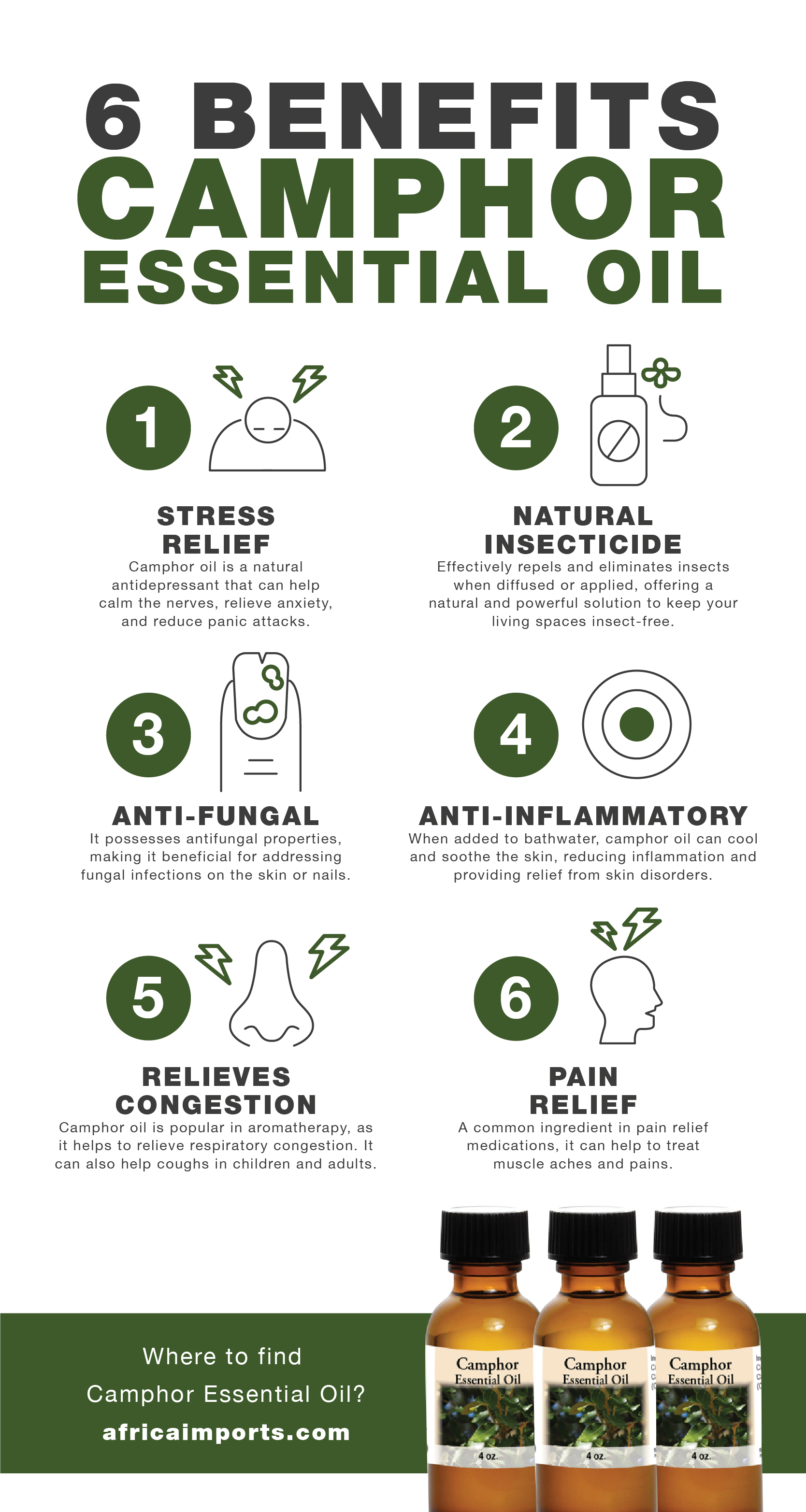 6 benefits of Camphor essential oil infographic Africa Imports
