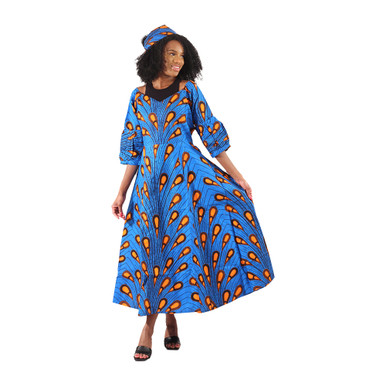Blue Peacock Print Long Dress - Women's Dresses-African Fashion