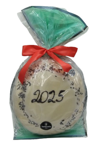 Terkenlis Vasilopita-New Years Eve cake 2026  filled with chestnut cream and covered white icing 900g