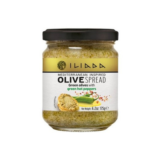 Iliada Green Olive Spread with green hot peppers- Gold Line Iliada Green Olive Spread with green hot peppers- Gold Line