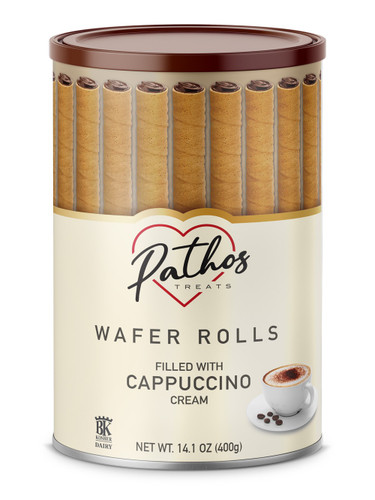 Pathos  Wafer Rolls filled with Cappuccino Cream  400gr Tin Pathos  Wafer Rolls filled with Cappuccino Cream  400gr Tin