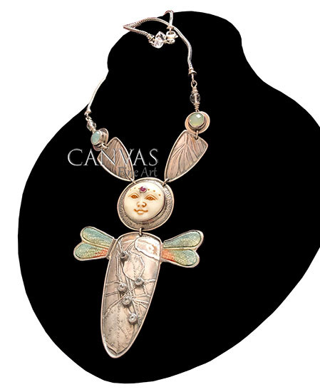 TABRA Necklace with Carved Bone Bug Goddess Pendant Sterling Silver 