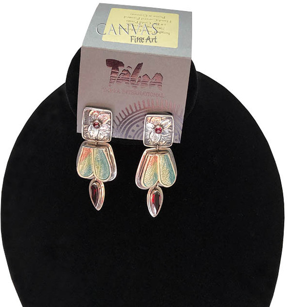 TABRA Earrings Hand-Carved Painted Bone and Garnet Stones Sterling Silver