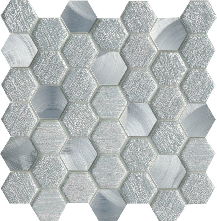 Glitz Collection Hexagon Glass and Metal Mix Tile by Emser