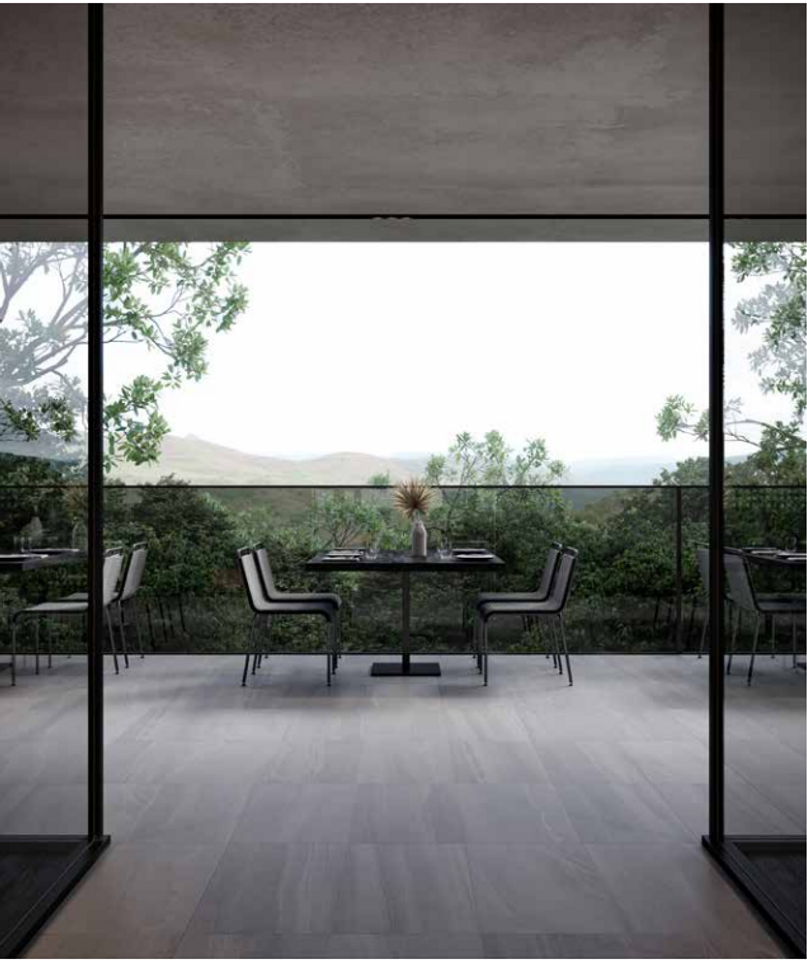 Layered surfaces in a compilation of warm grey shades
with nuanced veining.