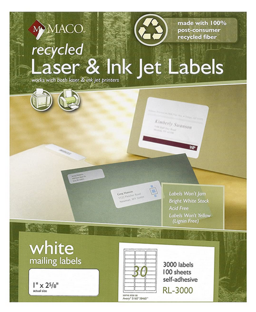 Laser/Inkjet Recycled Label, 1" x 2-5/8", White, 3000 Labels