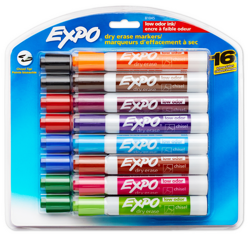 Low Odor Dry Erase Markers, Chisel Tip, Assorted Colors, Set of 16