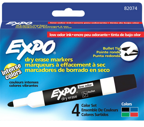 Low Odor Dry Erase Marker, Bullet Tip, Assorted Colors, Set of 4