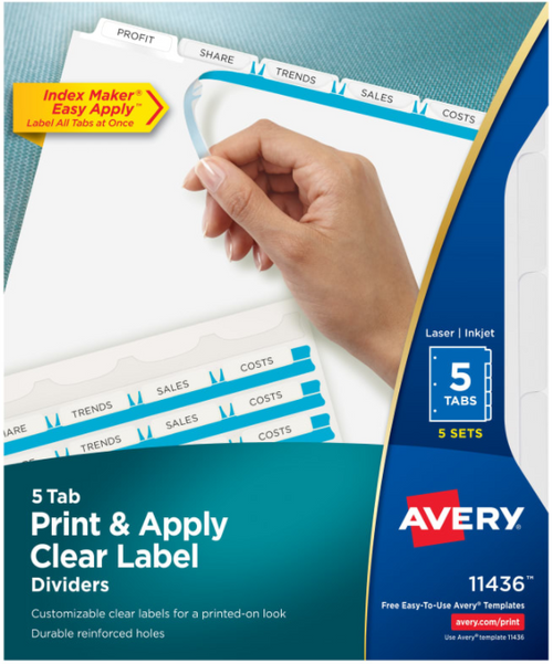 Print & Apply Clear Label Dividers, 8-1/2" x 11", 5-Tab, White, 5 Sets