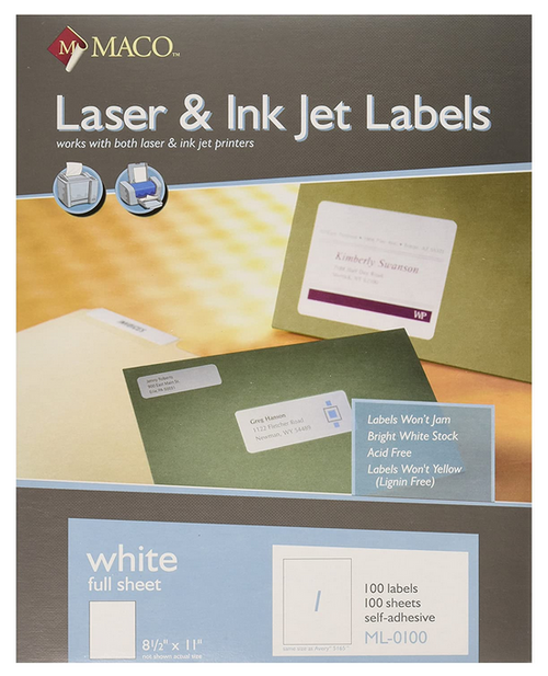 Shipping Label, 8-1/2" x 11", White, 100 Labels