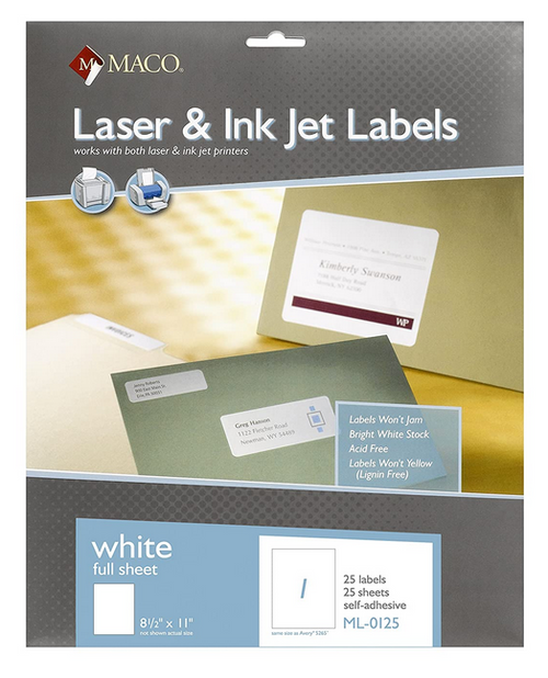 Shipping Label, 8-1/2" x 11", White, 25 Labels