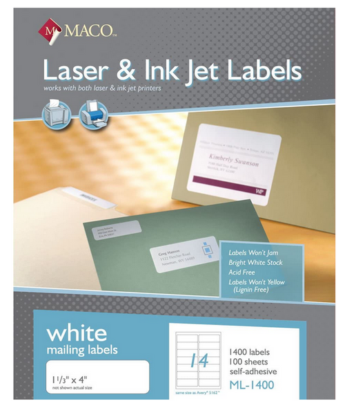 Shipping Label, 1-1/3" x 4", White, 1400 Labels