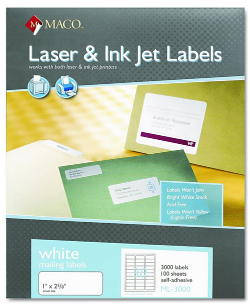 Shipping Label, 1" x 2-5/8", White, 3000 Labels