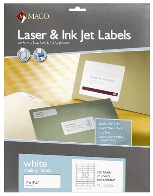 Shipping Label, 1" x 2-5/8", White, 750 Labels