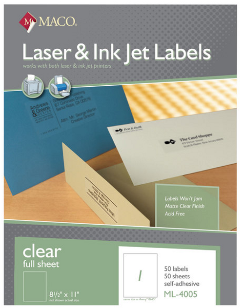 Laser Label, 8-1/2" x 11", Clear, 50 Labels