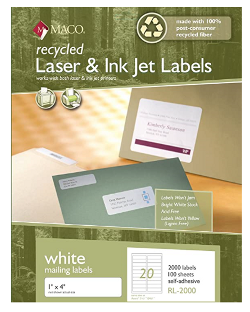 Laser/Inkjet Recycled Label, 1" x 4", 2000 Labels