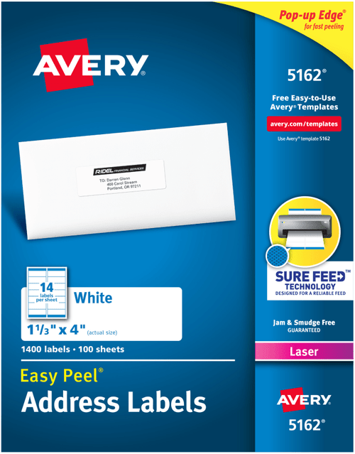 Easy Peel Address Labels, 1-1/3" x 4", White, Permanent, 1400 Labels