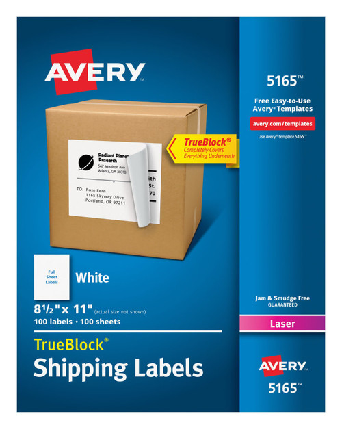 TrueBlock Shipping Labels, 8-1/2" x 11", White, Permanent, 100 Labels