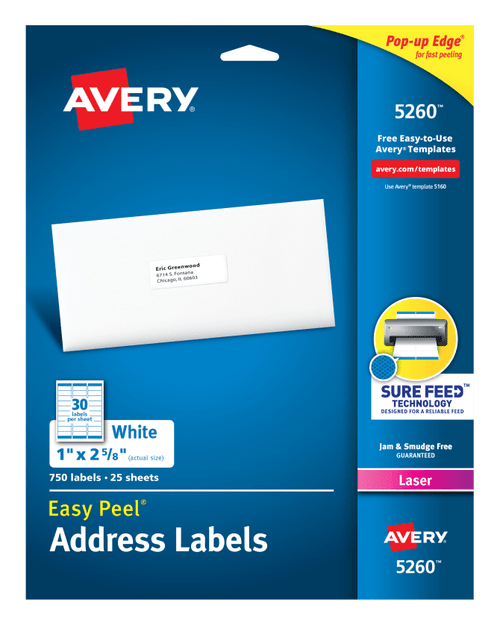 Easy Peel Address Labels, 1" x 2-5/8", White, Permanent, 750 Labels