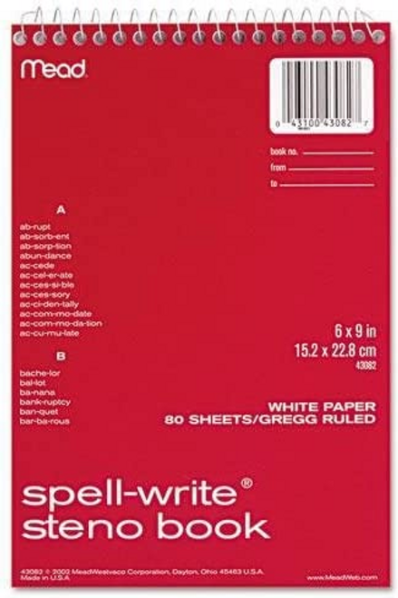 6"x9" Mead® Spell-Write® Spiral Steno Book, Gregg Ruled, White Pages, Assorted Colors