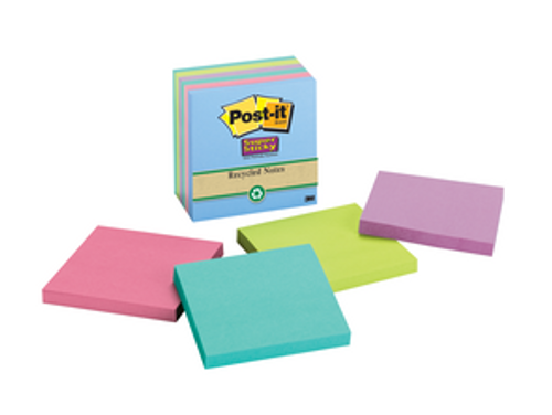 Post-it Super Sticky Recycled Notes, 3"x3",Bora Bora Collection